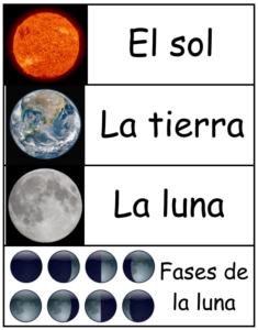 Tarjetas de vocabulario de sol, tierra y luna